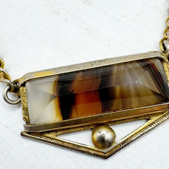 Montana Moss Agate Chain Tie Clip Tie Keeper Nu-Lok Vintage MCM Gold Tone - Picture 2 of 8